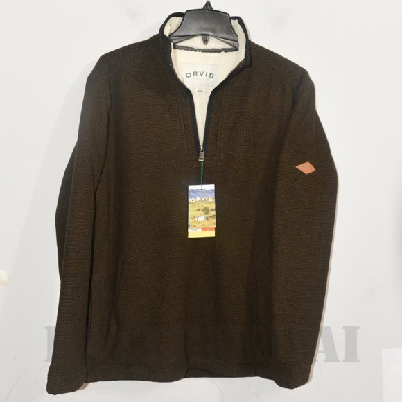 BROWN NWT Orvis 1/4 zip Men’s Fleece Lined Pullover - Picture 2 of 10